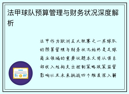 法甲球队预算管理与财务状况深度解析